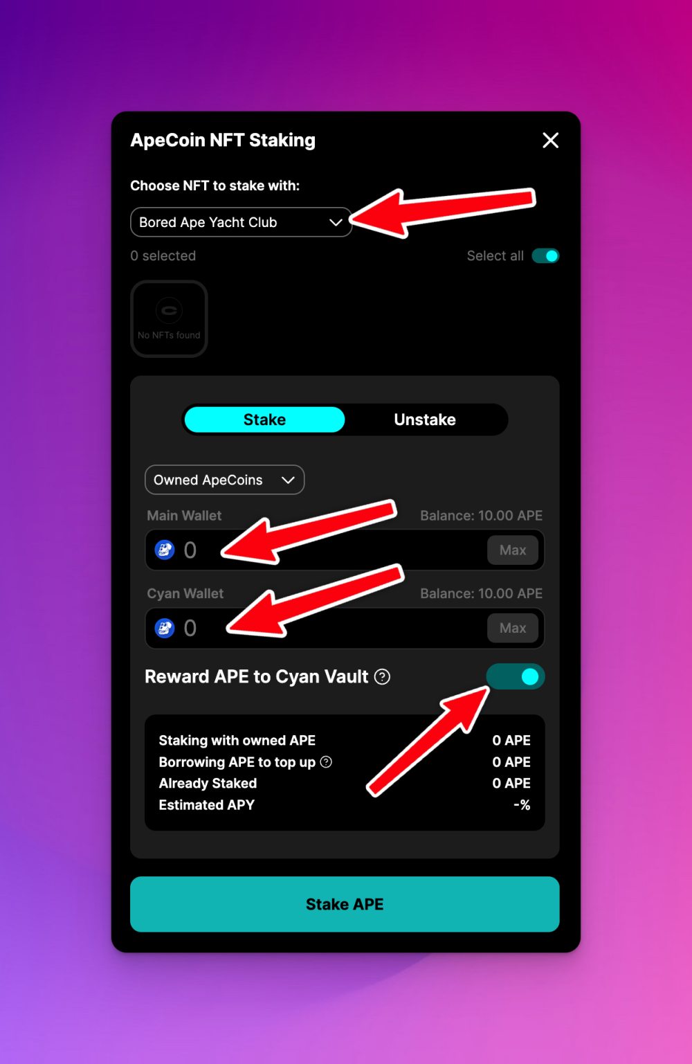 Select your NFT, input the amount, and toggle the Rewards option - easy!